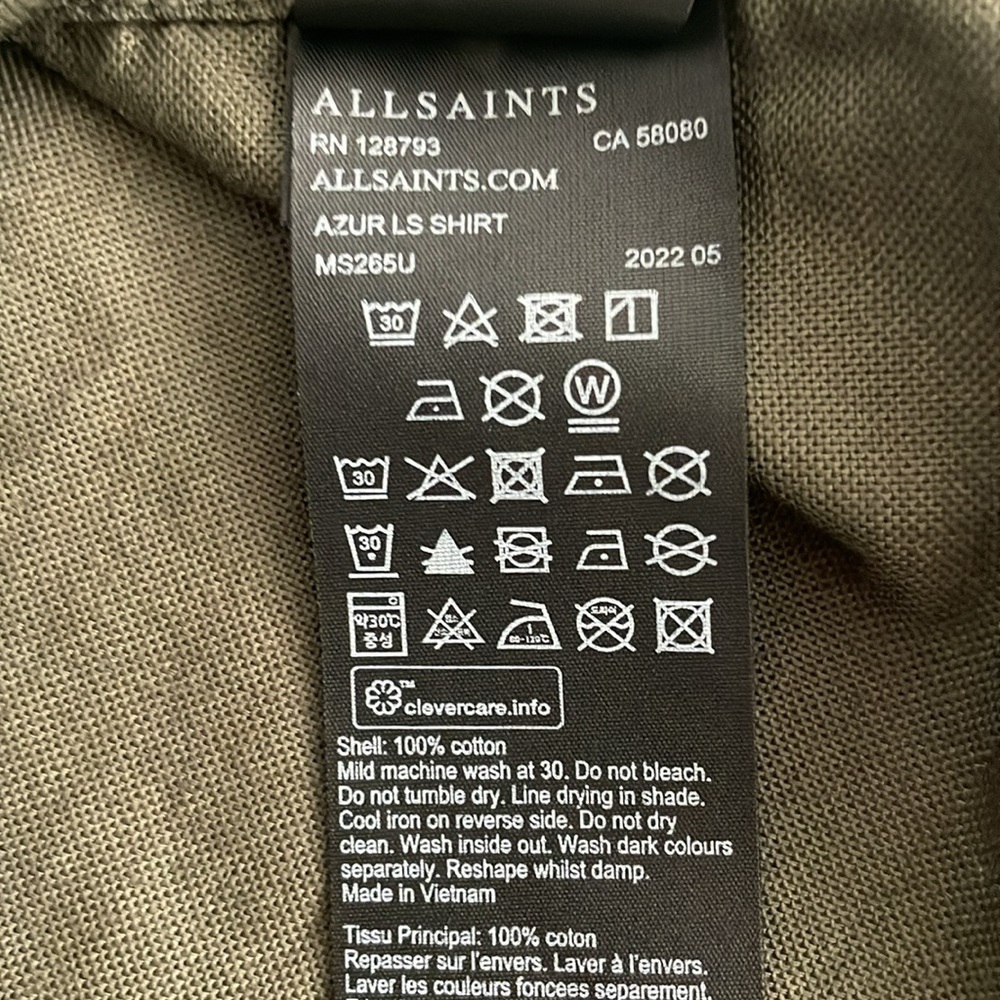 AllSaints Men’s Azur Shirt Button Down Size XS‎ Military Green - Picture 8 of 8